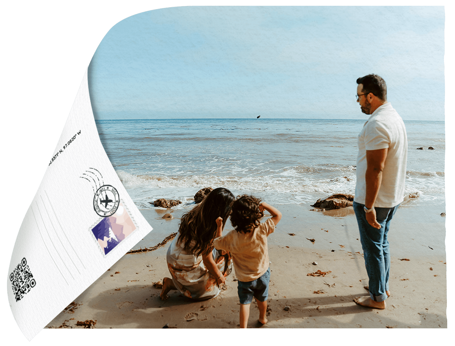 A Print Your Trip postcard of a family watching the ocean at the beach