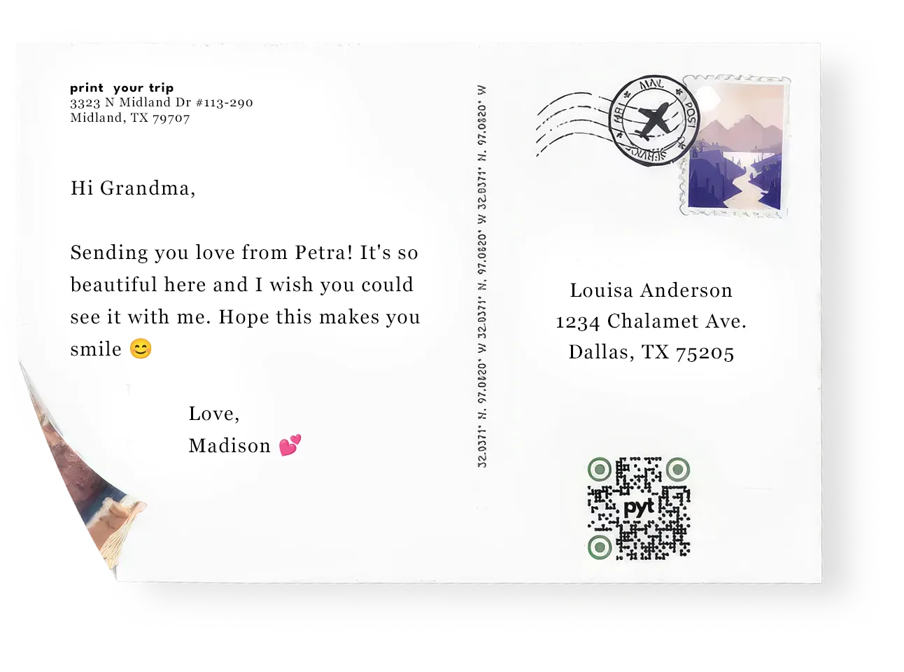 Personalized Print Your Trip postcard back showing a handwritten message and the recipient's mailing address