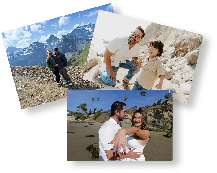 A collage of printed Print Your Trip travel postcards